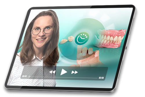Tablet with a screenshot from the webinar "Digital dentures for beginners"