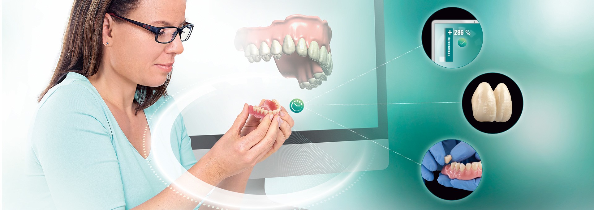 A dental technician examines a digitally produced denture made of VITA VIONIC material.