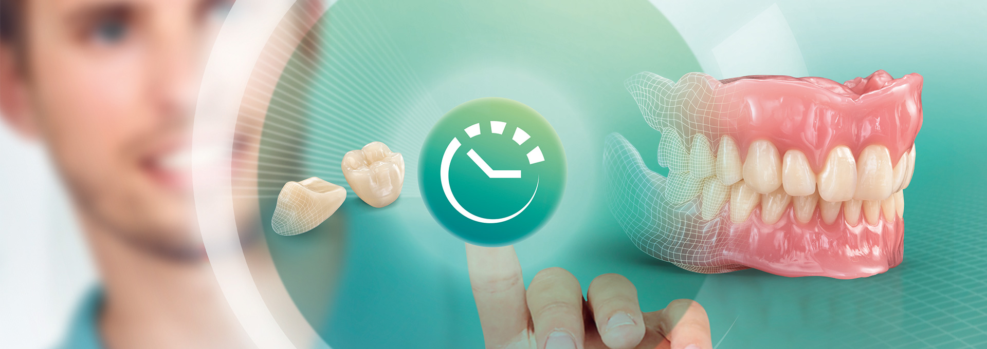 Mit präfabrizierten Zähnen wird per Knopfdruck eine ästhetische digitale Prothese hergestellt Mit präfabrizierten Zähnen wird per Knopfdruck eine ästhetische digitale Prothese hergestellt
