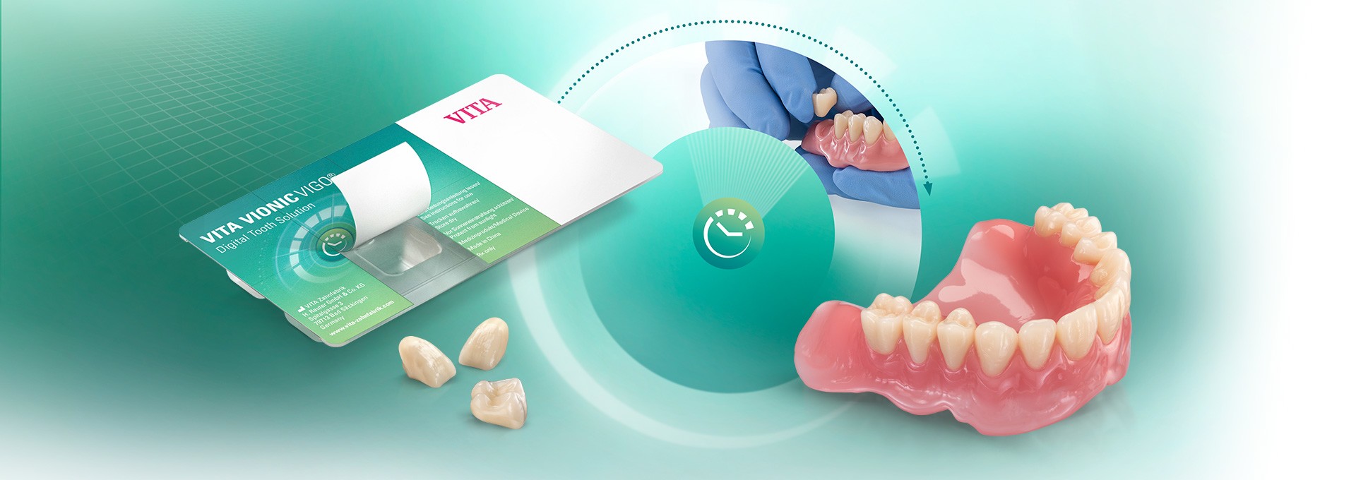 Blister pack with VITA VIONIC VIGO teeth and the teeth in a digitally fabricated upper denture